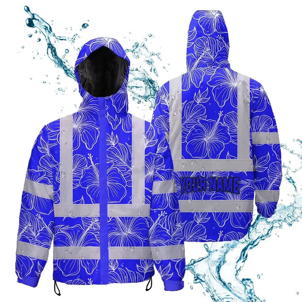 Hi Vis Jacket Waterproof Reflective Tapes Blue Neon Flowers Custom Name Safety Workwear For Workers, Truckers, Operators
