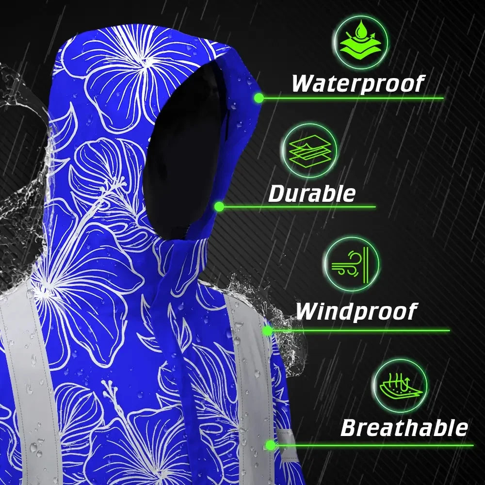 Hi Vis Jacket Waterproof Reflective Tapes Blue Neon Flowers Custom Name Safety Workwear For Workers, Truckers, Operators