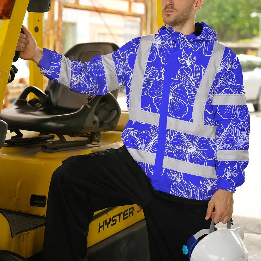 Hi Vis Jacket Waterproof Reflective Tapes Blue Neon Flowers Custom Name Safety Workwear For Workers, Truckers, Operators