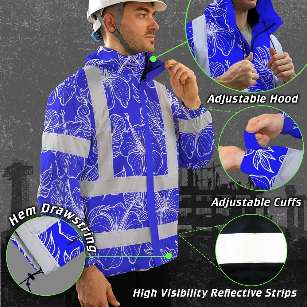 Hi Vis Jacket Waterproof Reflective Tapes Blue Neon Flowers Custom Name Safety Workwear For Workers, Truckers, Operators
