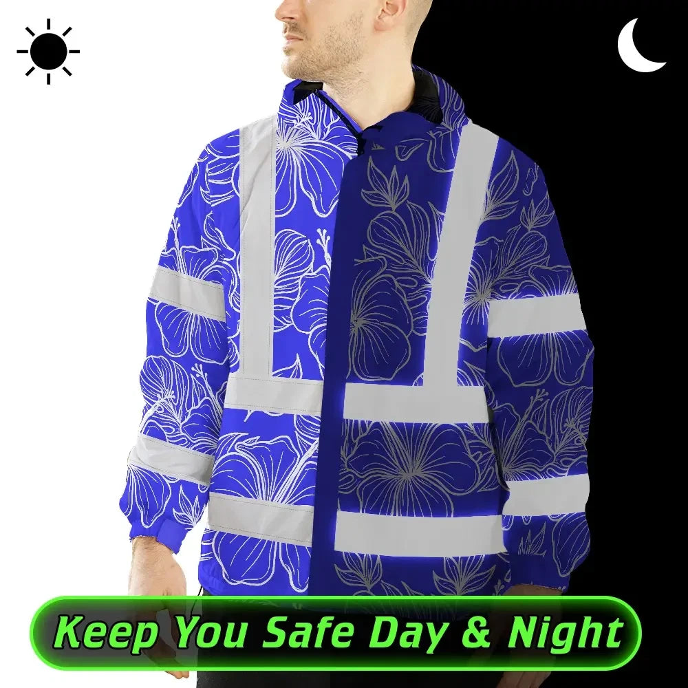 Hi Vis Jacket Waterproof Reflective Tapes Blue Neon Flowers Custom Name Safety Workwear For Workers, Truckers, Operators