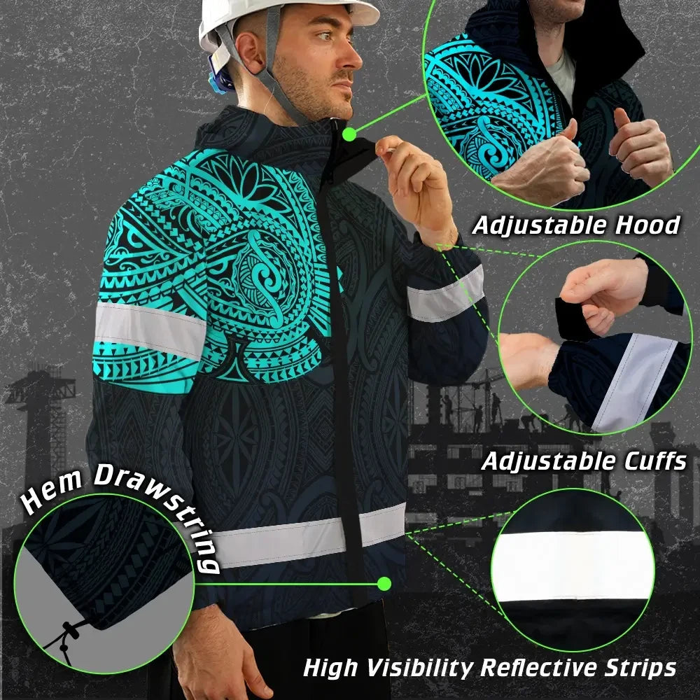 Hi Vis Jacket Waterproof Reflective Tapes Blue Neon Hawaii 2 Custom Name Safety Workwear For Workers, Truckers, Operators