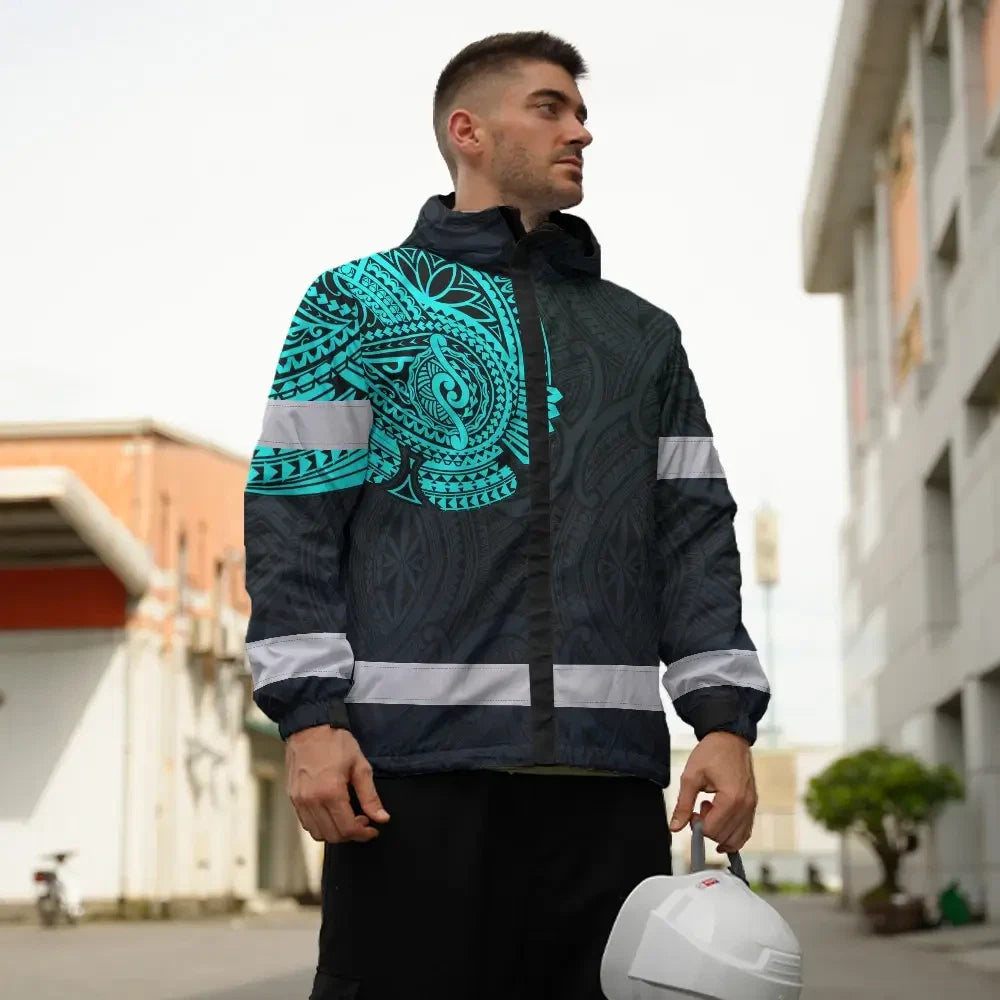 Hi Vis Jacket Waterproof Reflective Tapes Blue Neon Hawaii 2 Custom Name Safety Workwear For Workers, Truckers, Operators