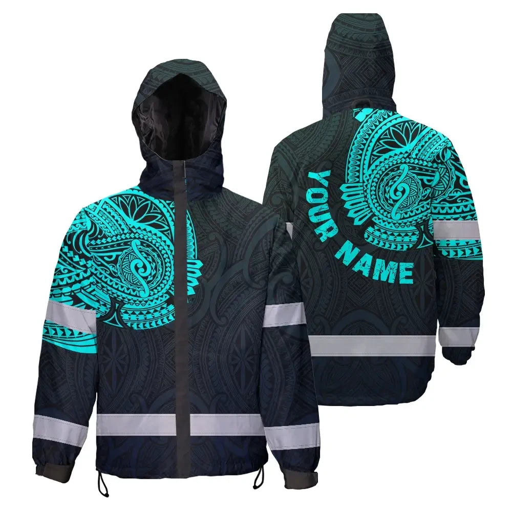 Hi Vis Jacket Waterproof Reflective Tapes Blue Neon Hawaii 2 Custom Name Safety Workwear For Workers, Truckers, Operators