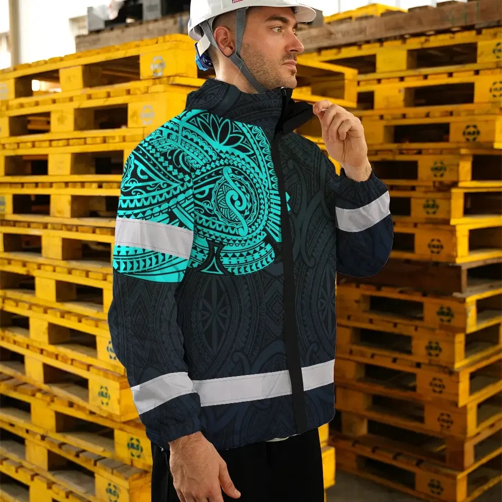 Hi Vis Jacket Waterproof Reflective Tapes Blue Neon Hawaii 2 Custom Name Safety Workwear For Workers, Truckers, Operators