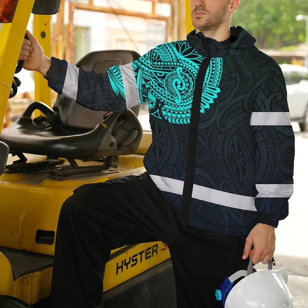 Hi Vis Jacket Waterproof Reflective Tapes Blue Neon Hawaii 2 Custom Name Safety Workwear For Workers, Truckers, Operators