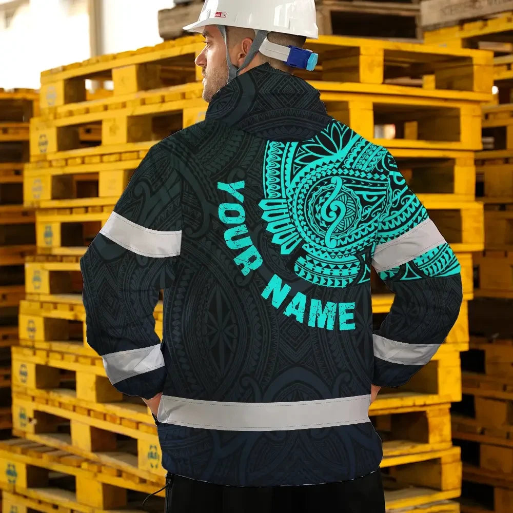 Hi Vis Jacket Waterproof Reflective Tapes Blue Neon Hawaii 2 Custom Name Safety Workwear For Workers, Truckers, Operators