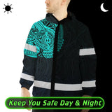 Hi Vis Jacket Waterproof Reflective Tapes Blue Neon Hawaii 2 Custom Name Safety Workwear For Workers, Truckers, Operators