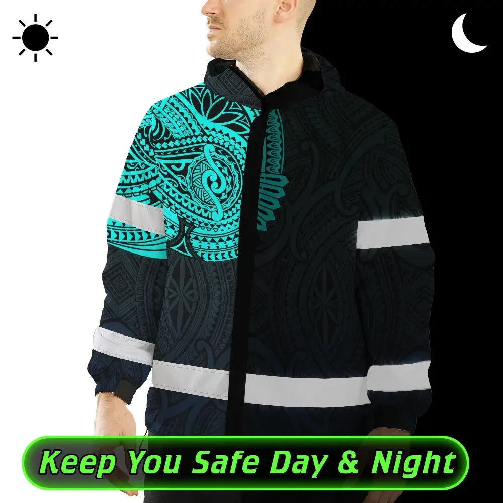 Hi Vis Jacket Waterproof Reflective Tapes Blue Neon Hawaii 2 Custom Name Safety Workwear For Workers, Truckers, Operators