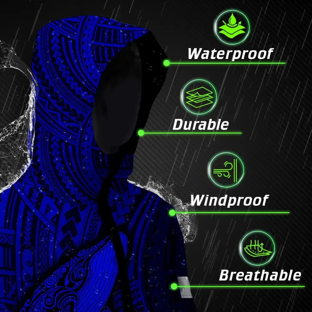 Hi Vis Jacket Waterproof Reflective Tapes Blue Neon Hawaii Whale Custom Name Safety Workwear For Workers, Truckers, Operators
