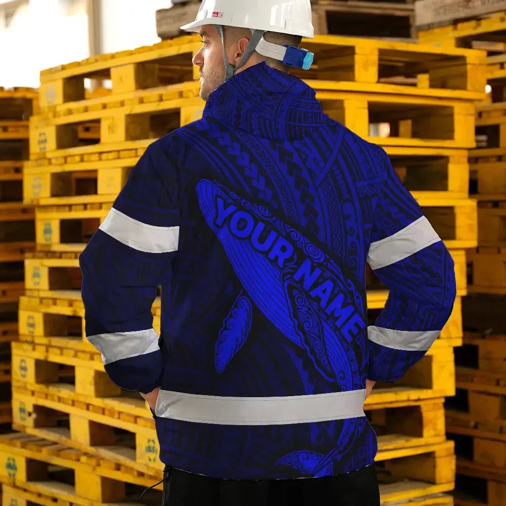 Hi Vis Jacket Waterproof Reflective Tapes Blue Neon Hawaii Whale Custom Name Safety Workwear For Workers, Truckers, Operators