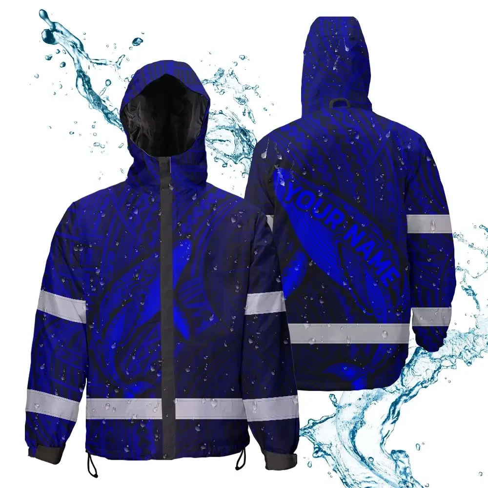 Hi Vis Jacket Waterproof Reflective Tapes Blue Neon Hawaii Whale Custom Name Safety Workwear For Workers, Truckers, Operators