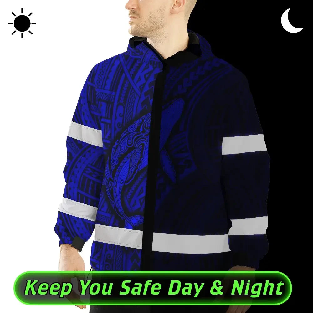 Hi Vis Jacket Waterproof Reflective Tapes Blue Neon Hawaii Whale Custom Name Safety Workwear For Workers, Truckers, Operators