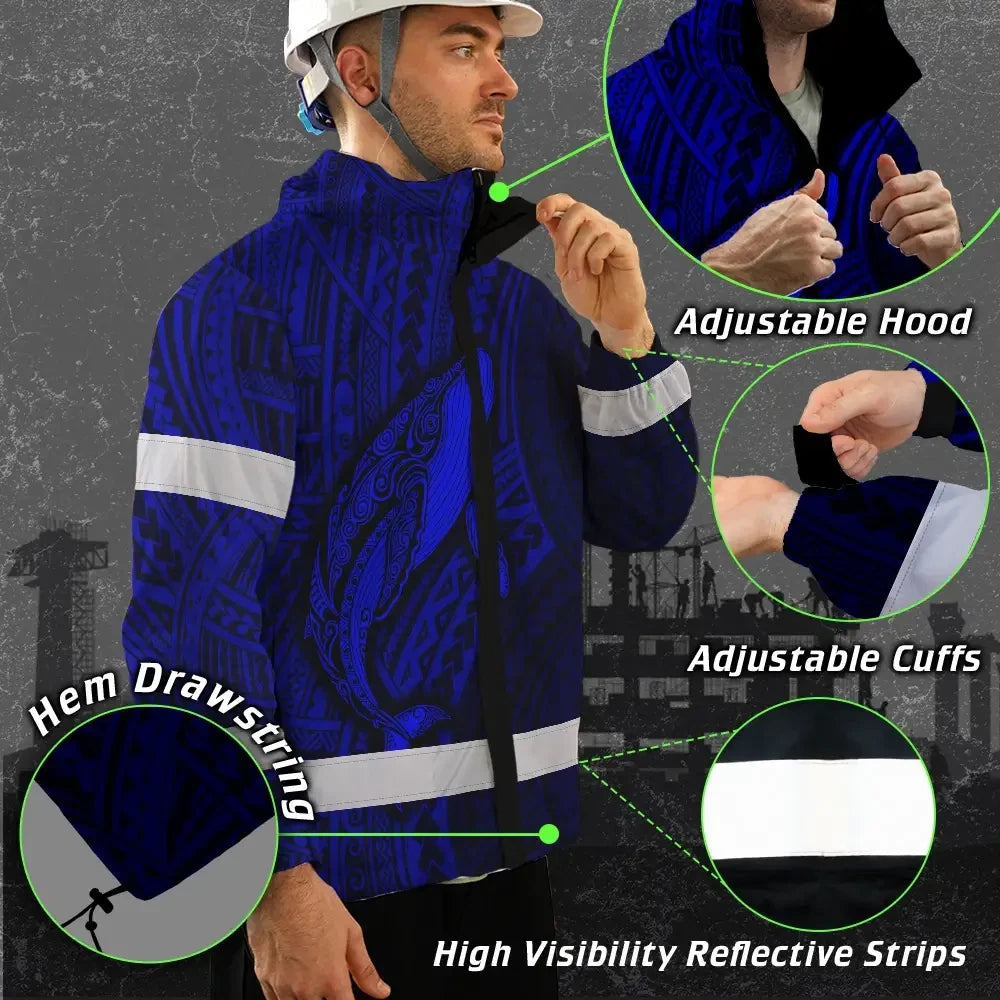 Hi Vis Jacket Waterproof Reflective Tapes Blue Neon Hawaii Whale Custom Name Safety Workwear For Workers, Truckers, Operators