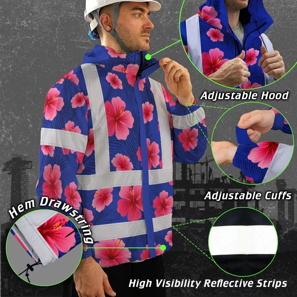 Hi Vis Jacket Waterproof Reflective Tapes Blue Neon Pink Flowers Custom Name Safety Workwear For Workers, Truckers, Operators