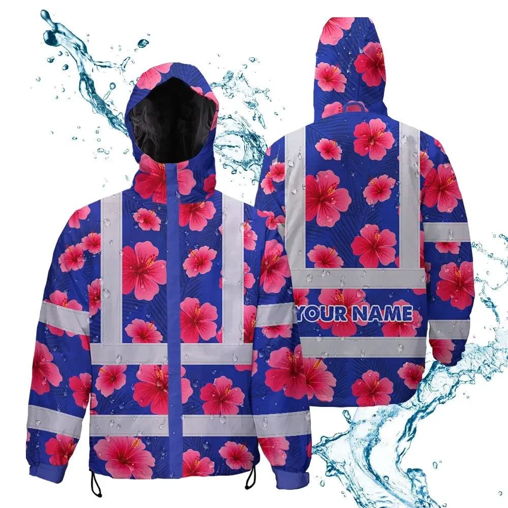 Hi Vis Jacket Waterproof Reflective Tapes Blue Neon Pink Flowers Custom Name Safety Workwear For Workers, Truckers, Operators