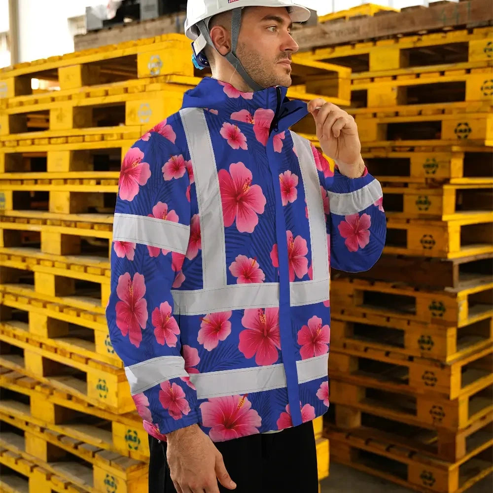 Hi Vis Jacket Waterproof Reflective Tapes Blue Neon Pink Flowers Custom Name Safety Workwear For Workers, Truckers, Operators