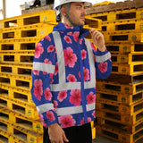 Hi Vis Jacket Waterproof Reflective Tapes Blue Neon Pink Flowers Custom Name Safety Workwear For Workers, Truckers, Operators