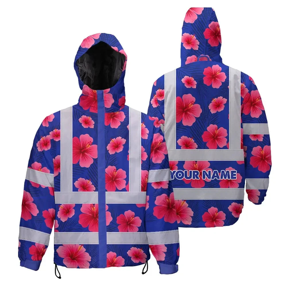 Hi Vis Jacket Waterproof Reflective Tapes Blue Neon Pink Flowers Custom Name Safety Workwear For Workers, Truckers, Operators
