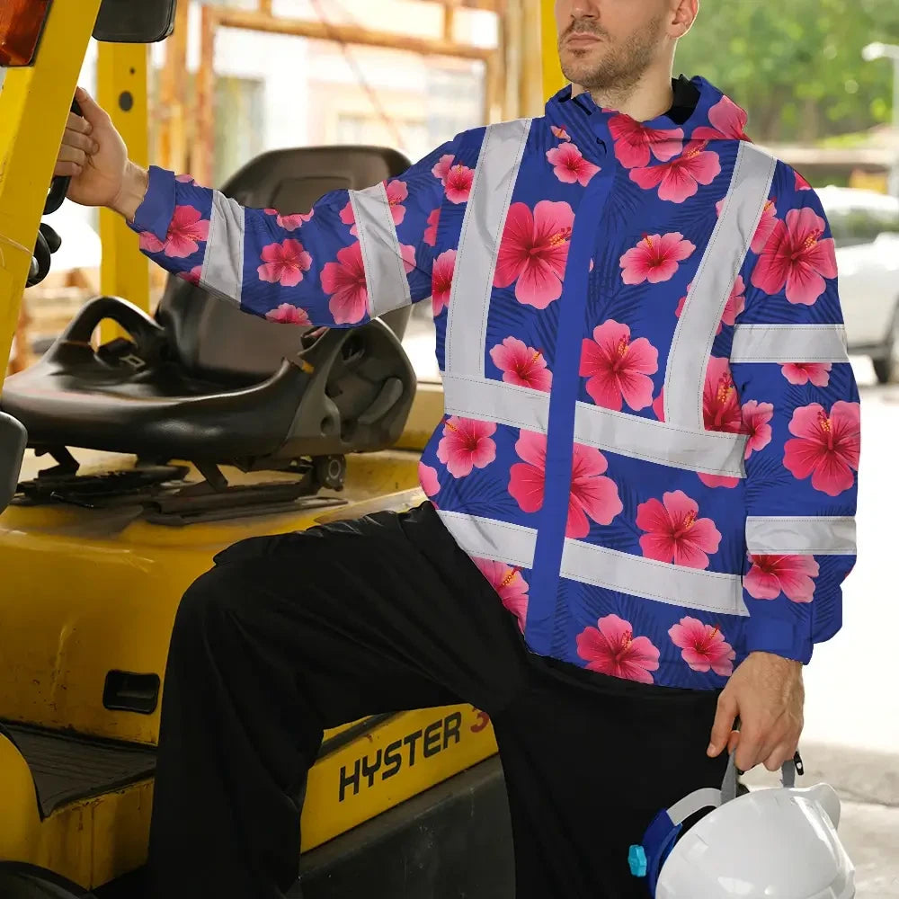 Hi Vis Jacket Waterproof Reflective Tapes Blue Neon Pink Flowers Custom Name Safety Workwear For Workers, Truckers, Operators