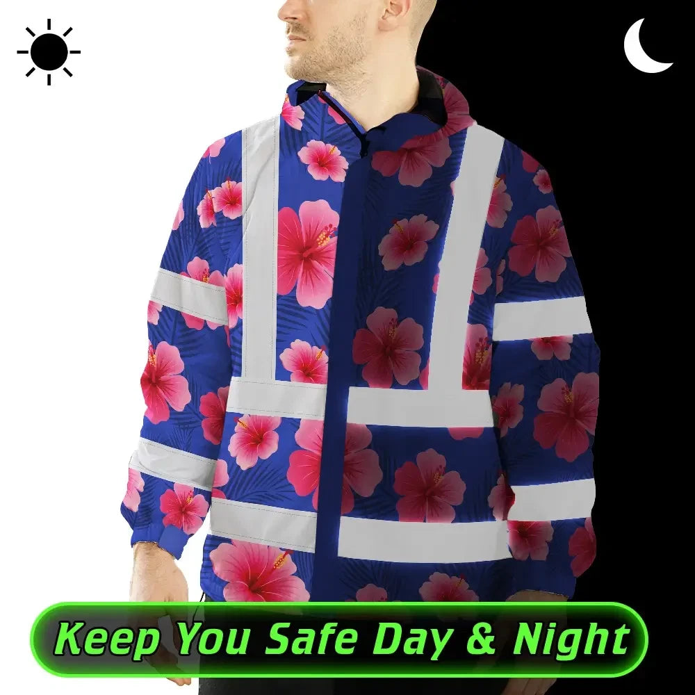 Hi Vis Jacket Waterproof Reflective Tapes Blue Neon Pink Flowers Custom Name Safety Workwear For Workers, Truckers, Operators