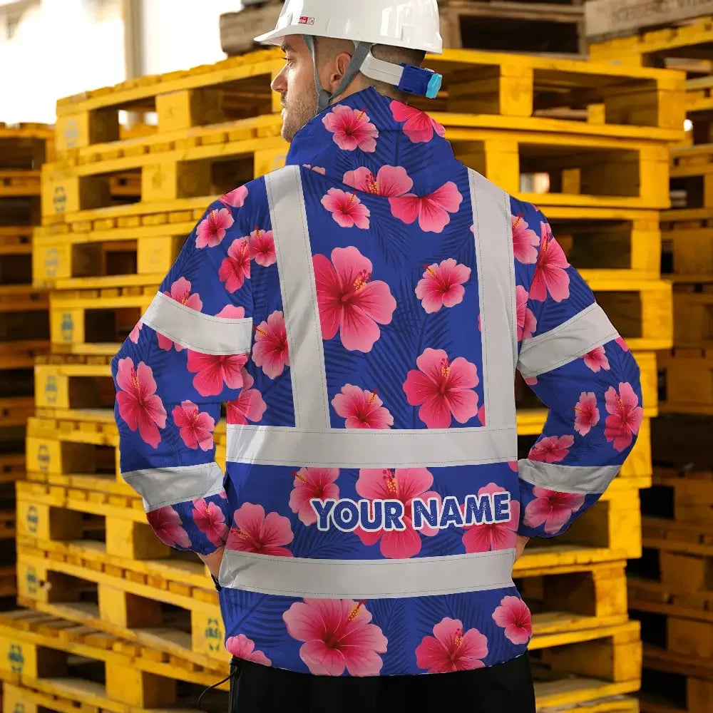 Hi Vis Jacket Waterproof Reflective Tapes Blue Neon Pink Flowers Custom Name Safety Workwear For Workers, Truckers, Operators