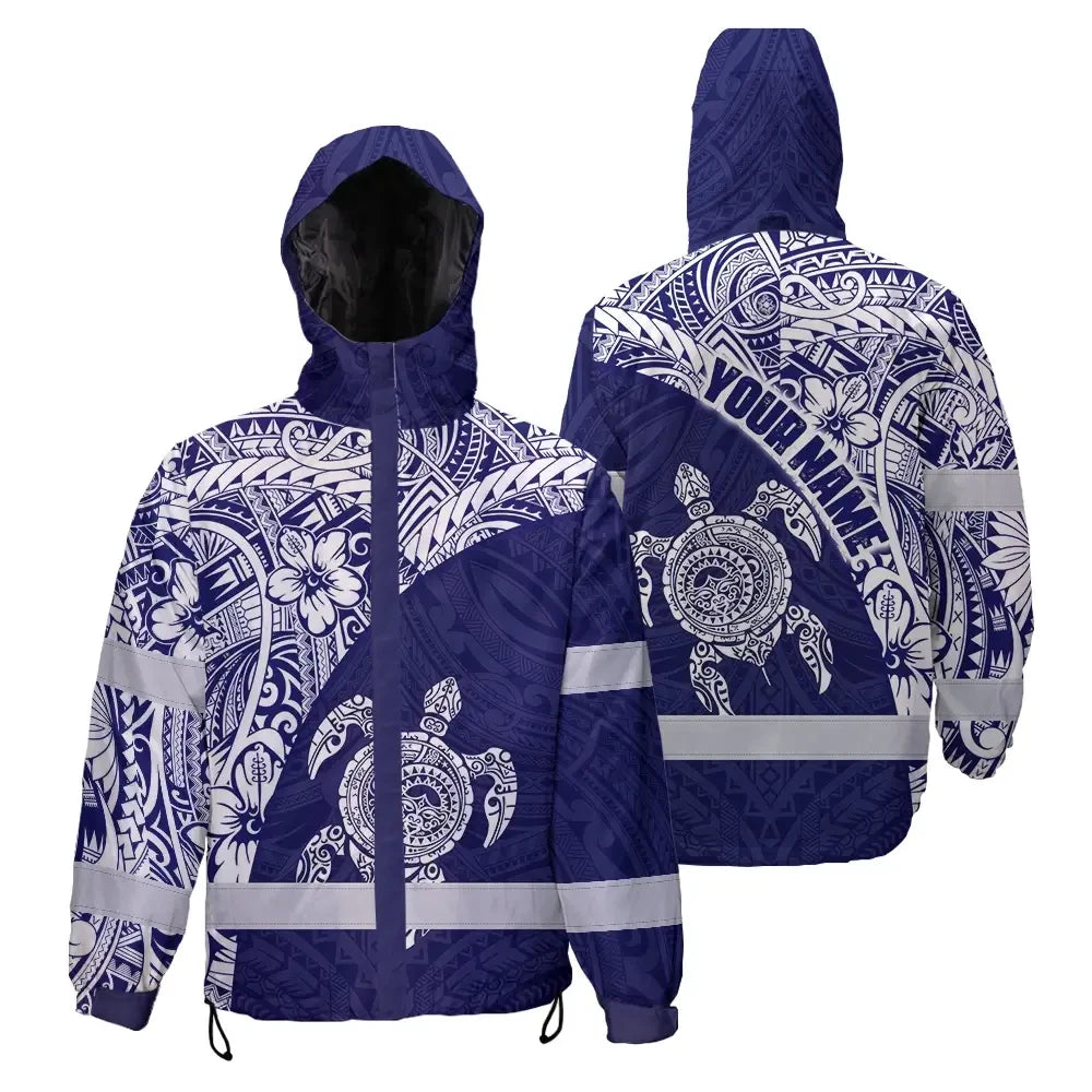 Hi Vis Jacket Waterproof Reflective Tapes Blue White Turtle Hawaiian Polynesian Tribal Custom Name Safety Workwear For Workers, Truckers, Operators