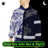 Hi Vis Jacket Waterproof Reflective Tapes Blue White Turtle Hawaiian Polynesian Tribal Custom Name Safety Workwear For Workers, Truckers, Operators