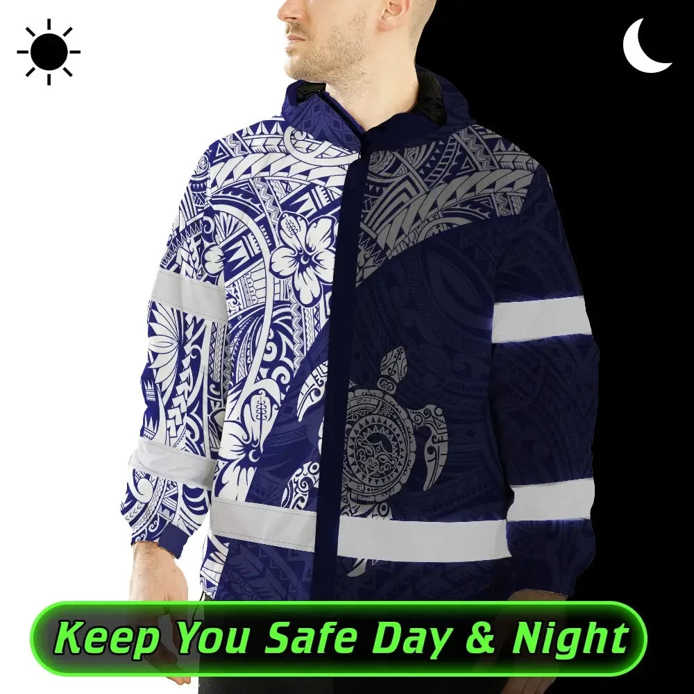 Hi Vis Jacket Waterproof Reflective Tapes Blue White Turtle Hawaiian Polynesian Tribal Custom Name Safety Workwear For Workers, Truckers, Operators