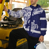 Hi Vis Jacket Waterproof Reflective Tapes Blue White Turtle Hawaiian Polynesian Tribal Custom Name Safety Workwear For Workers, Truckers, Operators