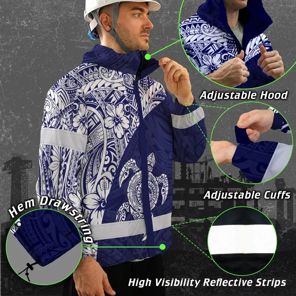 Hi Vis Jacket Waterproof Reflective Tapes Blue White Turtle Hawaiian Polynesian Tribal Custom Name Safety Workwear For Workers, Truckers, Operators
