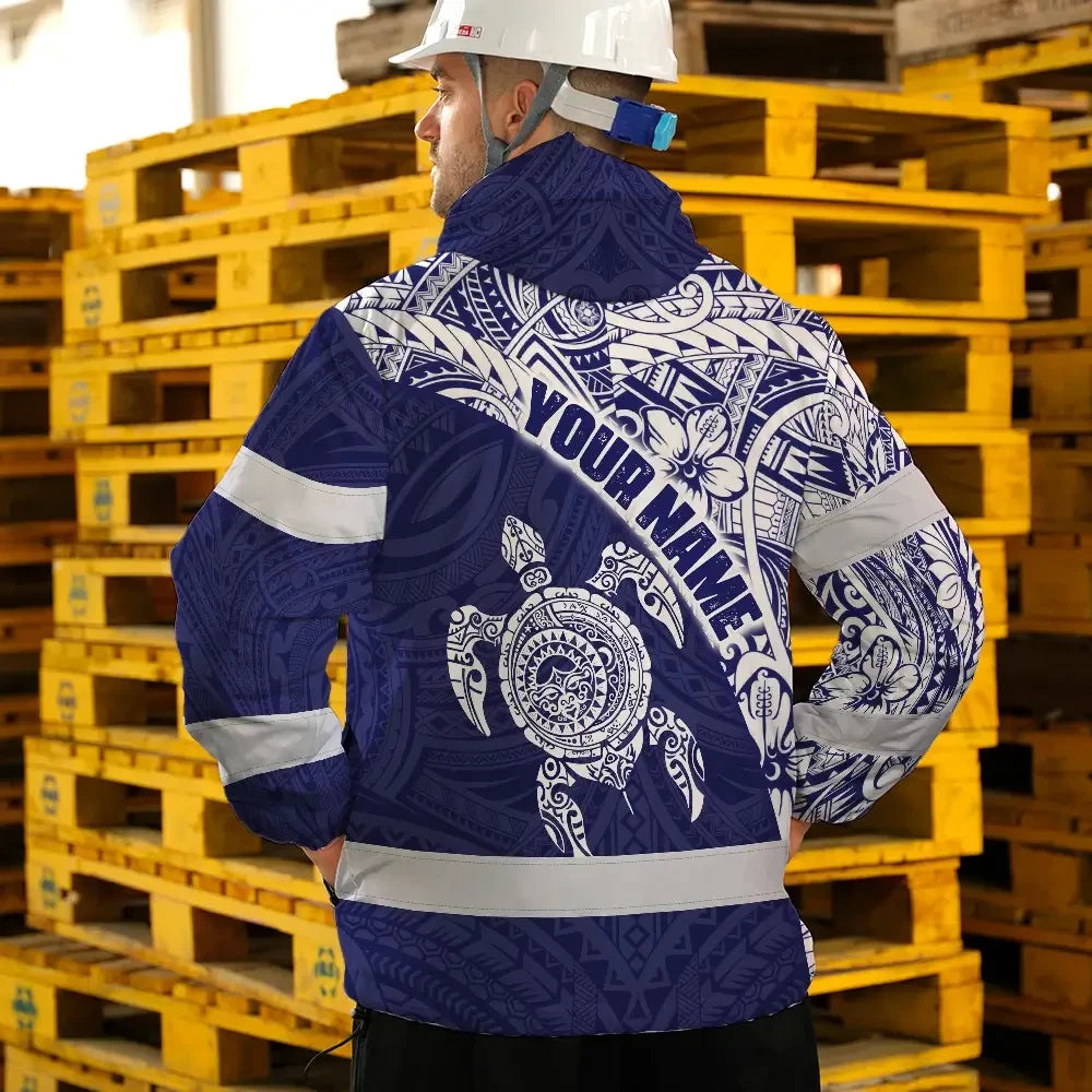 Hi Vis Jacket Waterproof Reflective Tapes Blue White Turtle Hawaiian Polynesian Tribal Custom Name Safety Workwear For Workers, Truckers, Operators