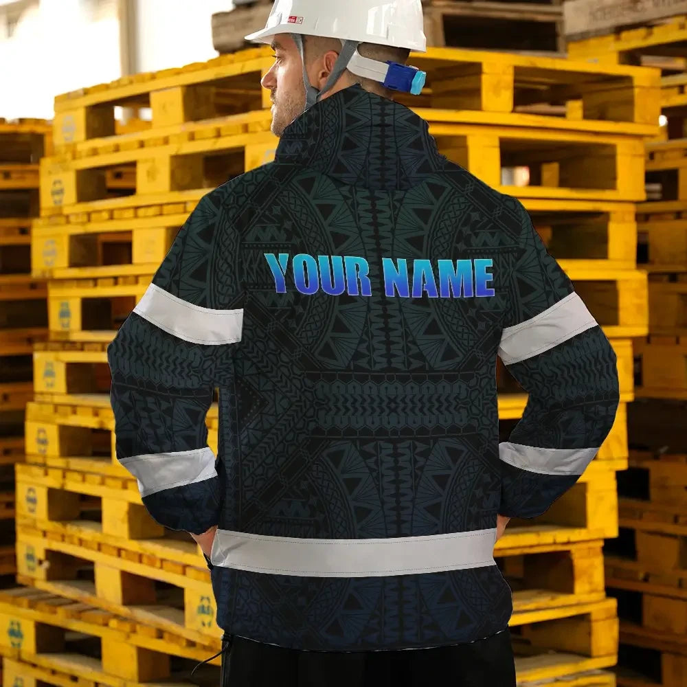 Hi Vis Jacket Waterproof Reflective Tapes Gradient Blue Neon Hawaii Custom Name Safety Workwear For Workers, Truckers, Operators
