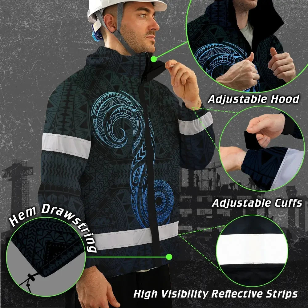 Hi Vis Jacket Waterproof Reflective Tapes Gradient Blue Neon Hawaii Custom Name Safety Workwear For Workers, Truckers, Operators