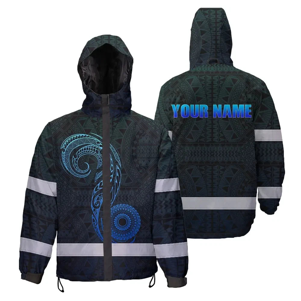 Hi Vis Jacket Waterproof Reflective Tapes Gradient Blue Neon Hawaii Custom Name Safety Workwear For Workers, Truckers, Operators