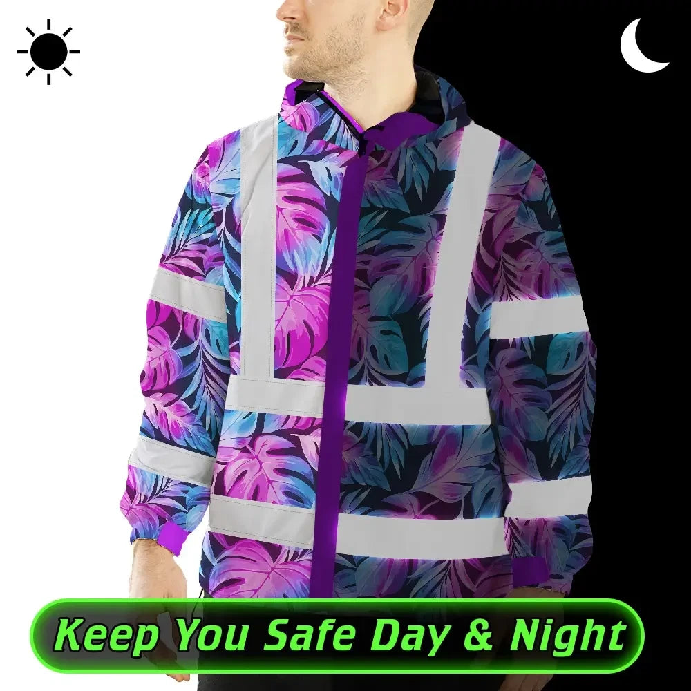 Hi Vis Jacket Waterproof Reflective Tapes Gradient Blue Violet Custom Name Safety Workwear For Workers, Truckers, Operators