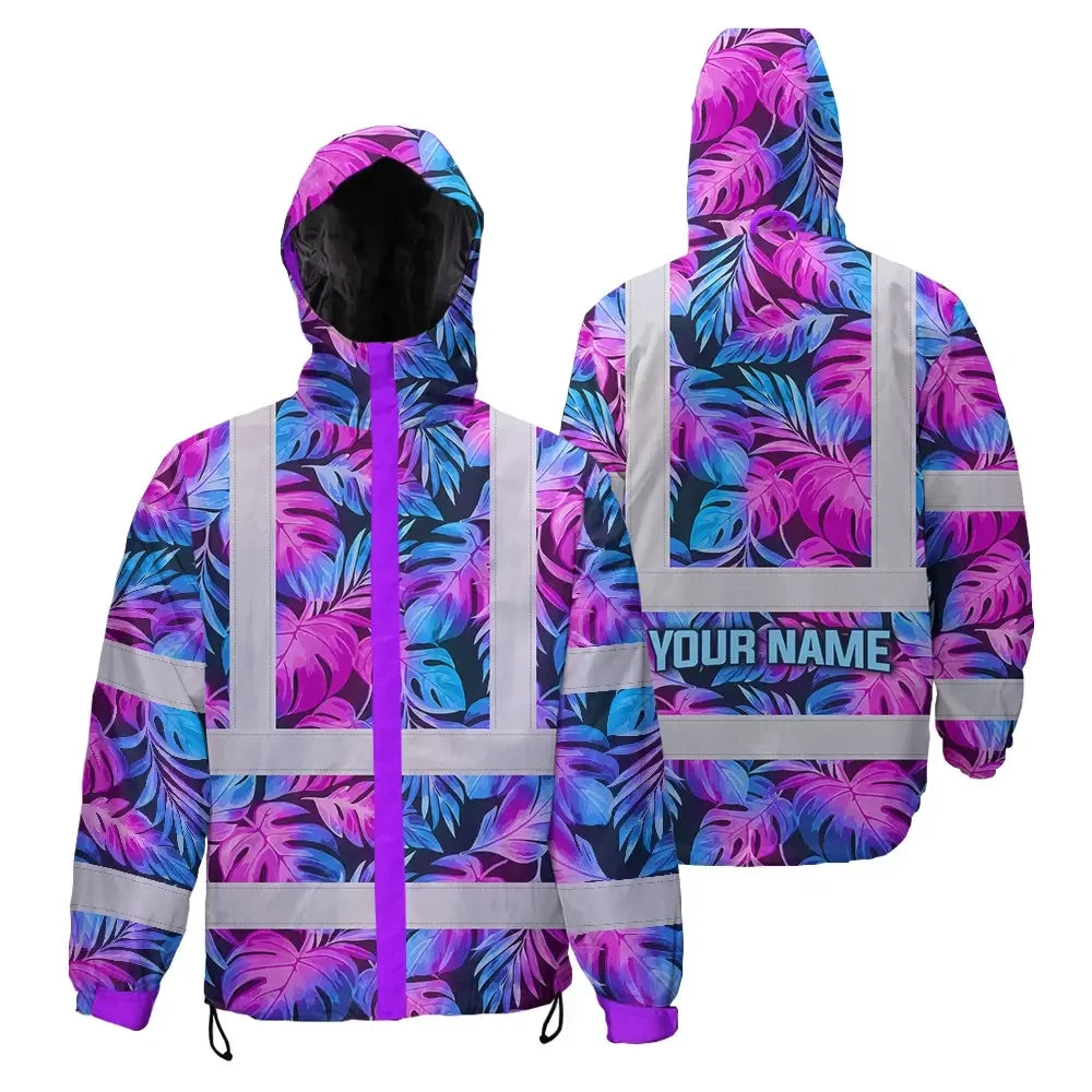 Hi Vis Jacket Waterproof Reflective Tapes Gradient Blue Violet Custom Name Safety Workwear For Workers, Truckers, Operators
