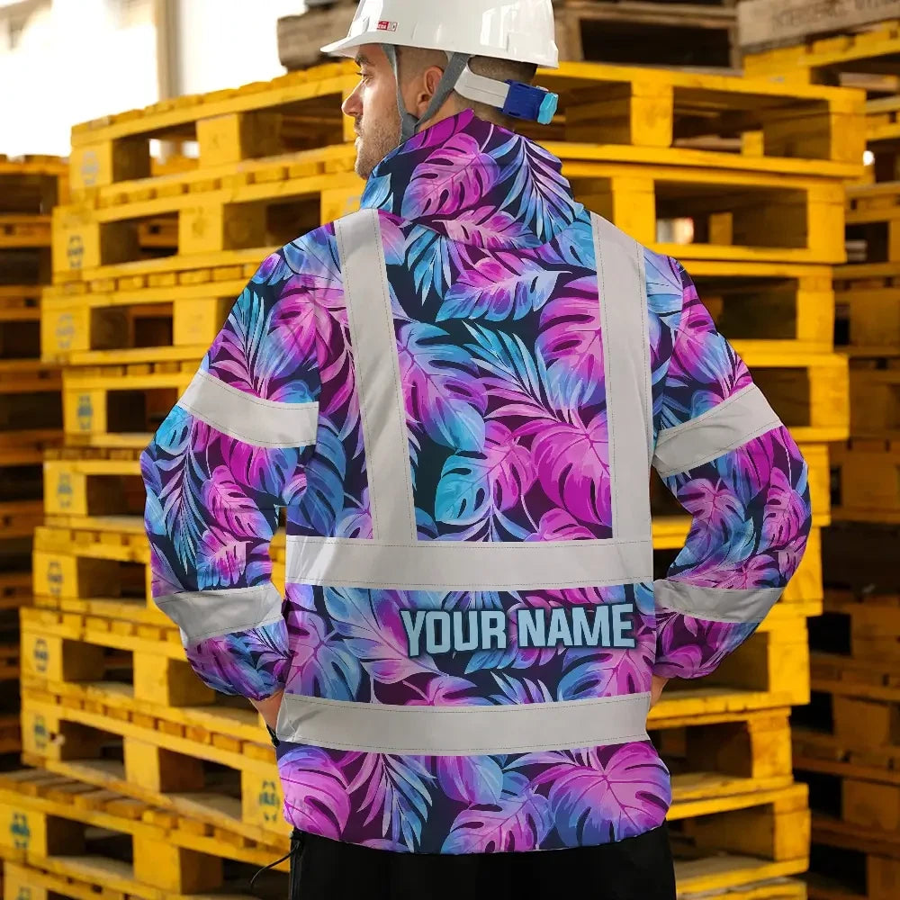 Hi Vis Jacket Waterproof Reflective Tapes Gradient Blue Violet Custom Name Safety Workwear For Workers, Truckers, Operators