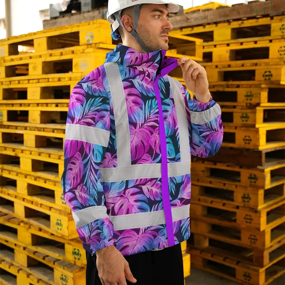 Hi Vis Jacket Waterproof Reflective Tapes Gradient Blue Violet Custom Name Safety Workwear For Workers, Truckers, Operators
