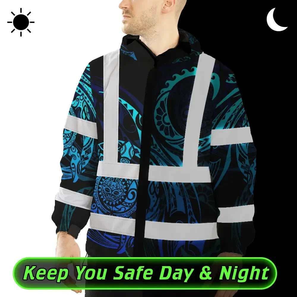 Hi Vis Jacket Waterproof Reflective Tapes Gradient Turtle Hawaiian Polynesian Tribal Custom Name Safety Workwear For Workers, Truckers, Operators