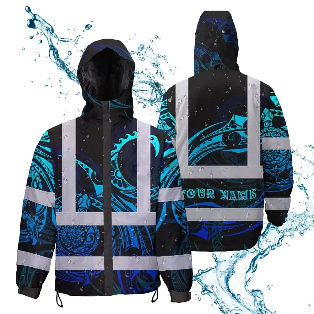 Hi Vis Jacket Waterproof Reflective Tapes Gradient Turtle Hawaiian Polynesian Tribal Custom Name Safety Workwear For Workers, Truckers, Operators