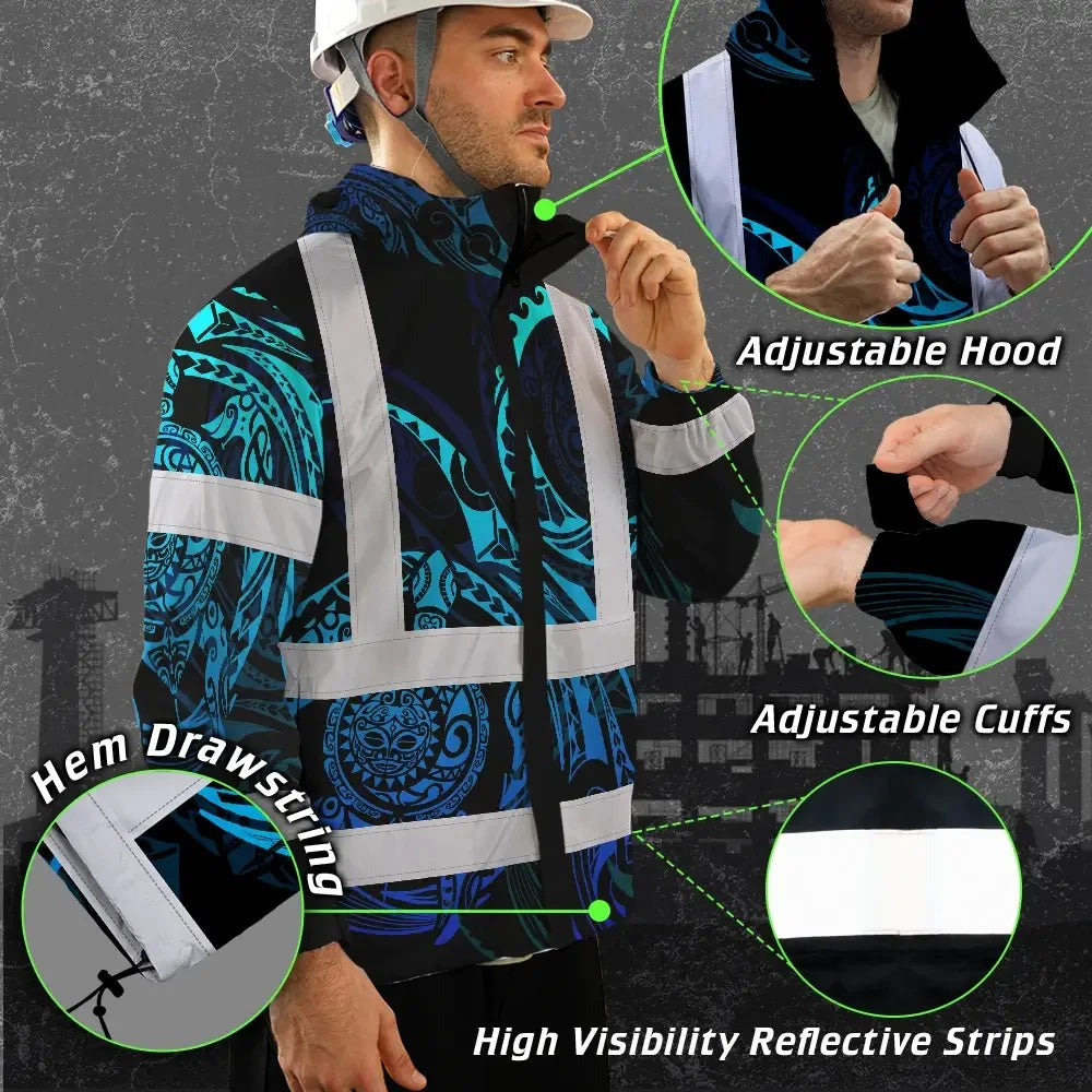 Hi Vis Jacket Waterproof Reflective Tapes Gradient Turtle Hawaiian Polynesian Tribal Custom Name Safety Workwear For Workers, Truckers, Operators