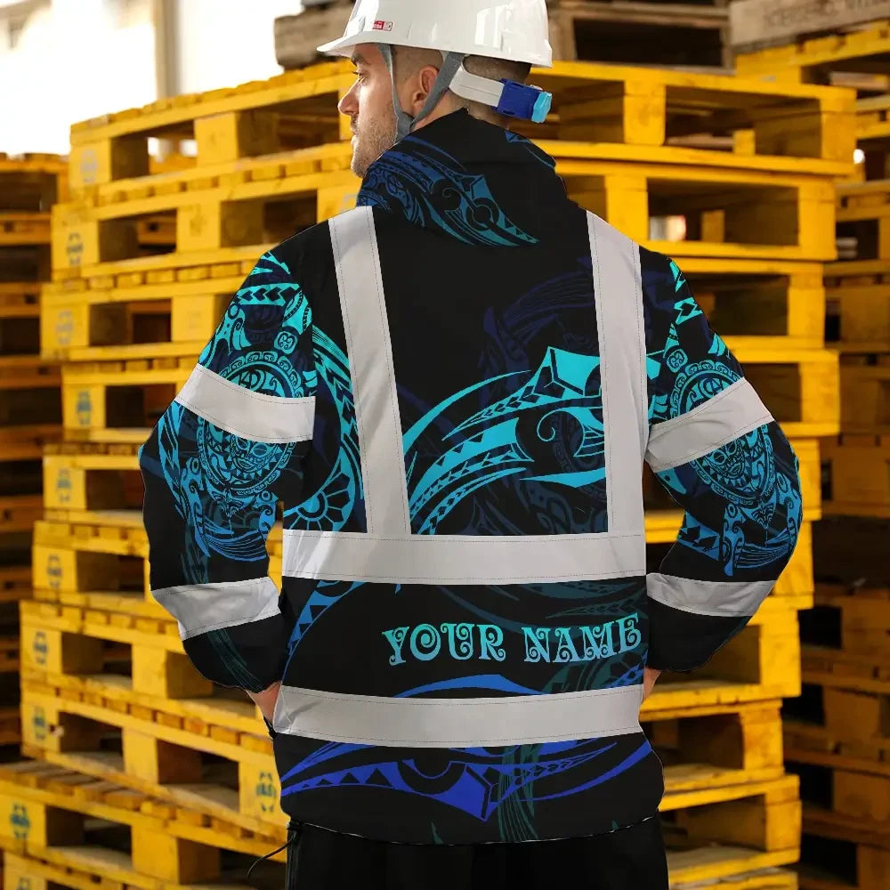 Hi Vis Jacket Waterproof Reflective Tapes Gradient Turtle Hawaiian Polynesian Tribal Custom Name Safety Workwear For Workers, Truckers, Operators