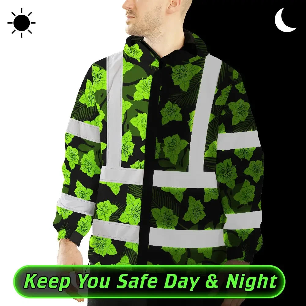 Hi Vis Jacket Waterproof Reflective Tapes Green Neon Flowers 3 Custom Name Safety Workwear For Workers, Truckers, Operators