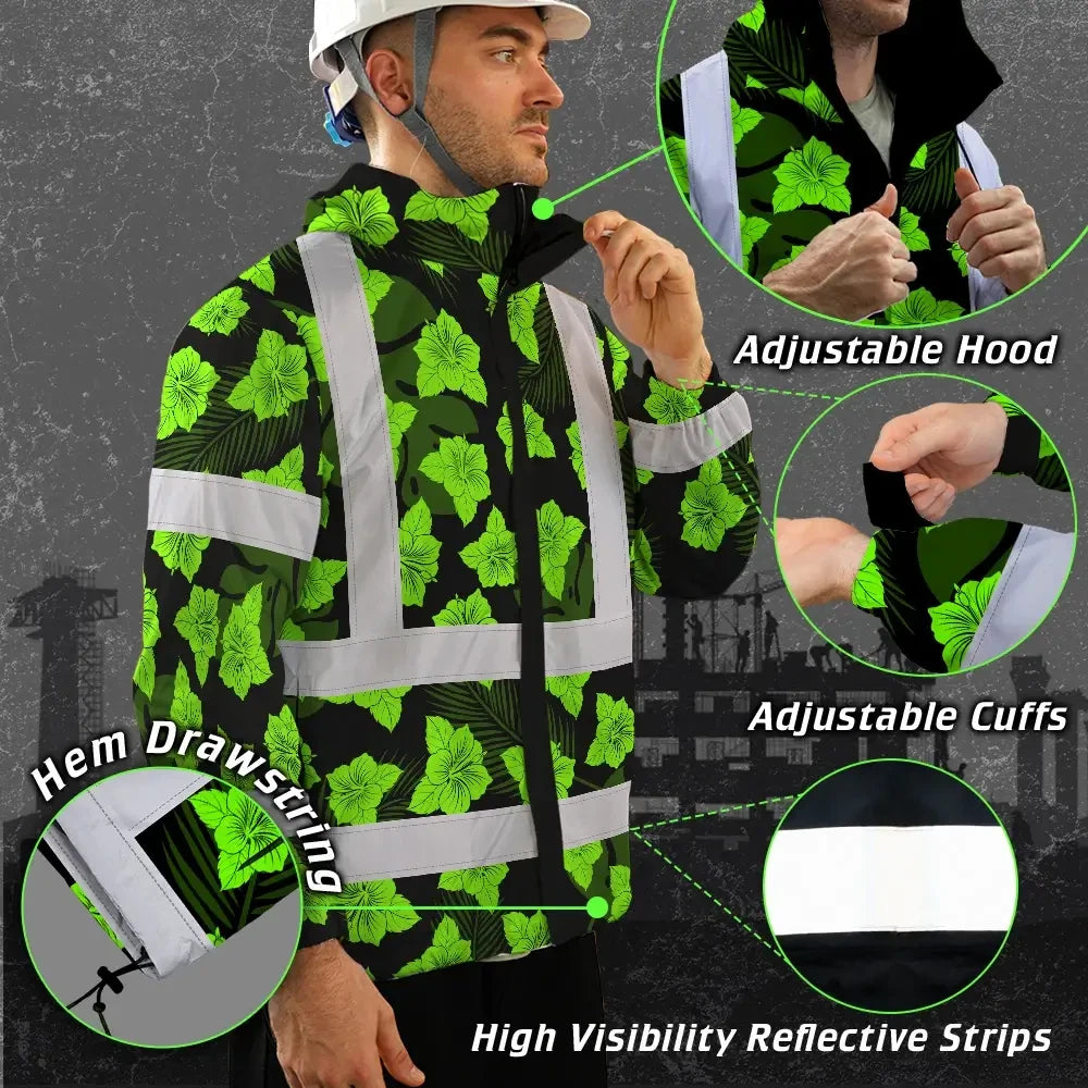 Hi Vis Jacket Waterproof Reflective Tapes Green Neon Flowers 3 Custom Name Safety Workwear For Workers, Truckers, Operators