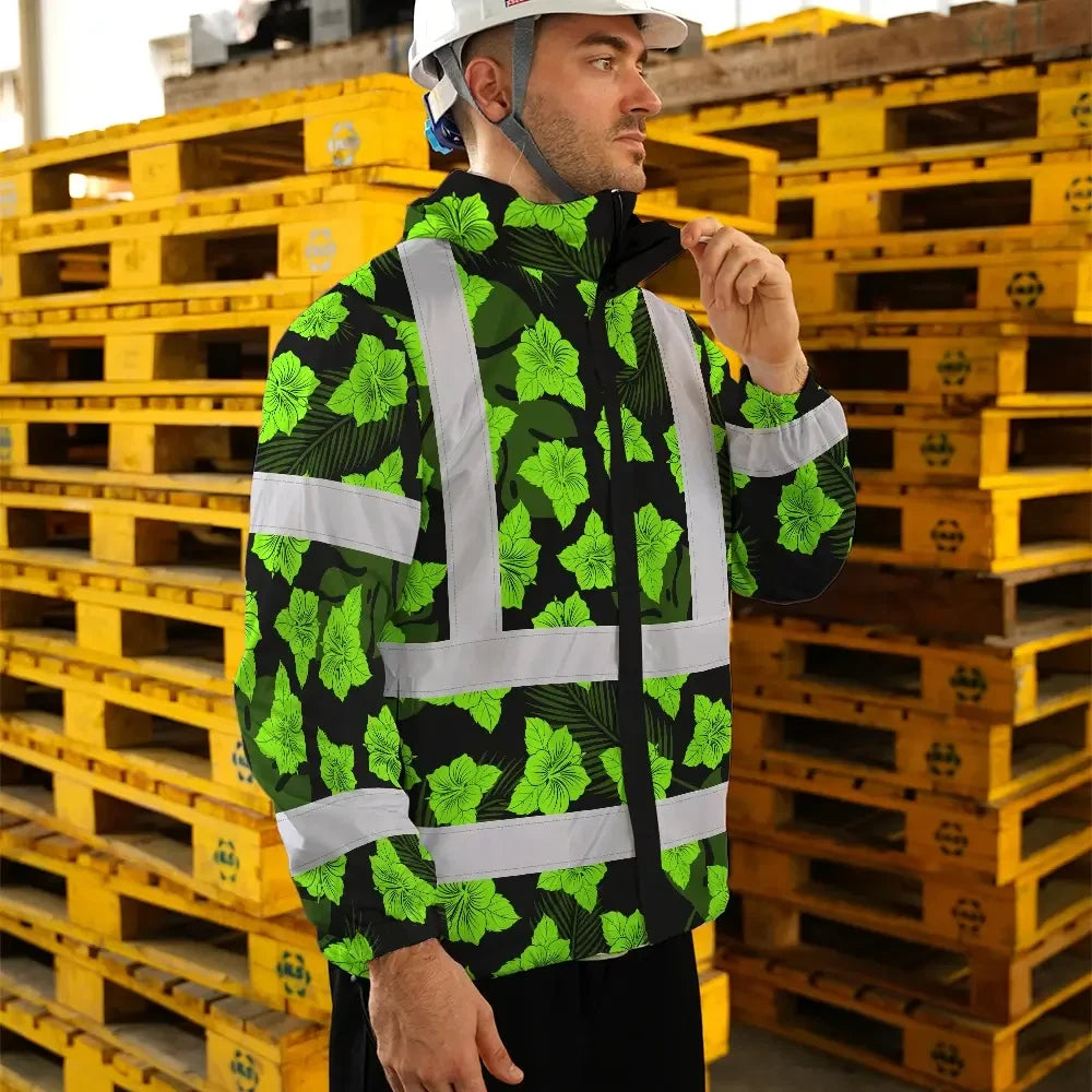 Hi Vis Jacket Waterproof Reflective Tapes Green Neon Flowers 3 Custom Name Safety Workwear For Workers, Truckers, Operators