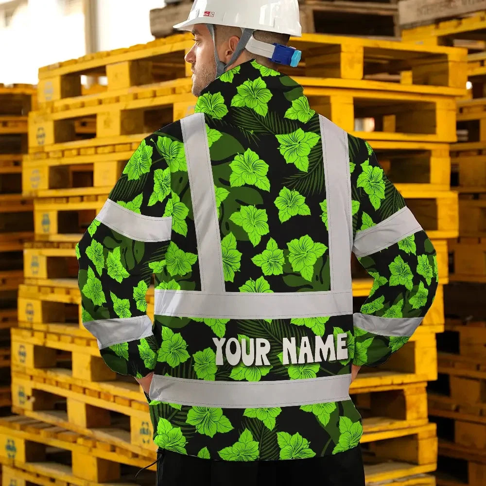 Hi Vis Jacket Waterproof Reflective Tapes Green Neon Flowers 3 Custom Name Safety Workwear For Workers, Truckers, Operators