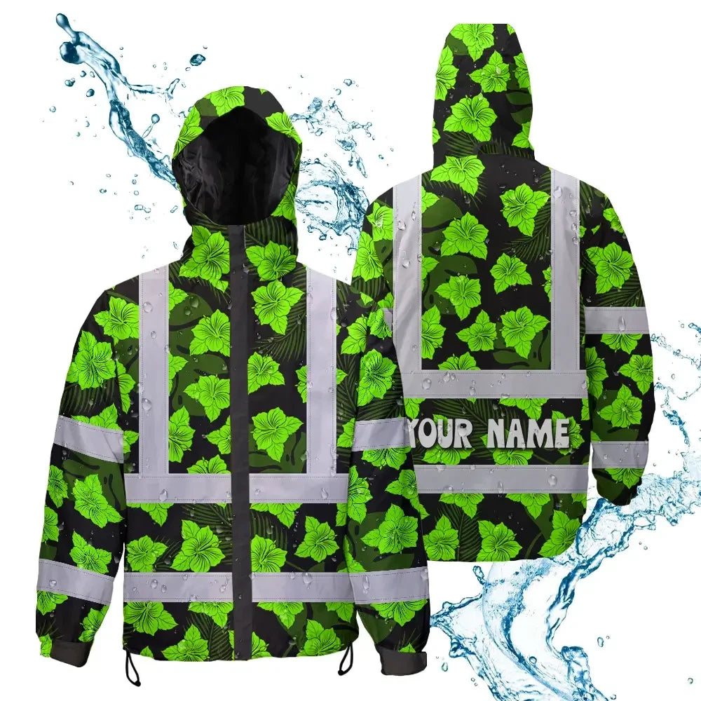 Hi Vis Jacket Waterproof Reflective Tapes Green Neon Flowers 3 Custom Name Safety Workwear For Workers, Truckers, Operators