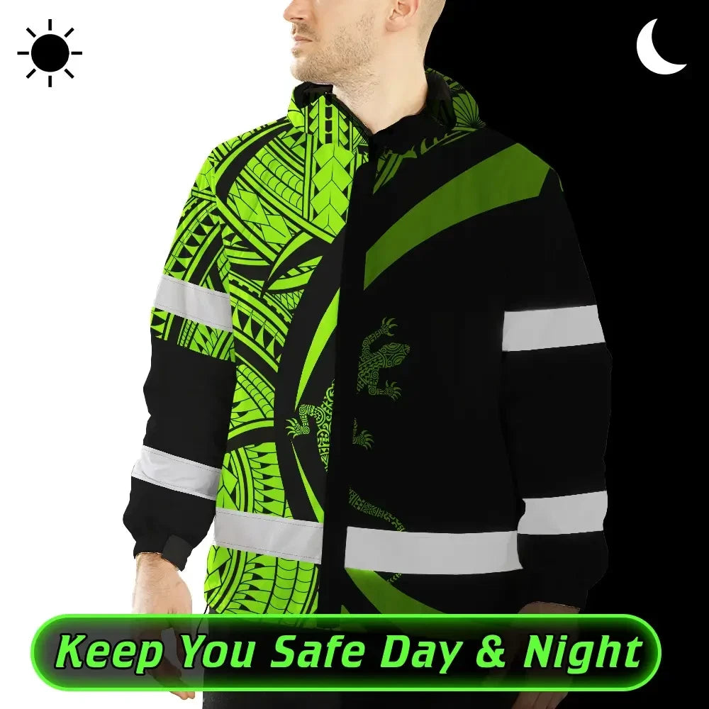 Hi Vis Jacket Waterproof Reflective Tapes Green Neon Hawaii Custom Name Safety Workwear For Workers, Truckers, Operators