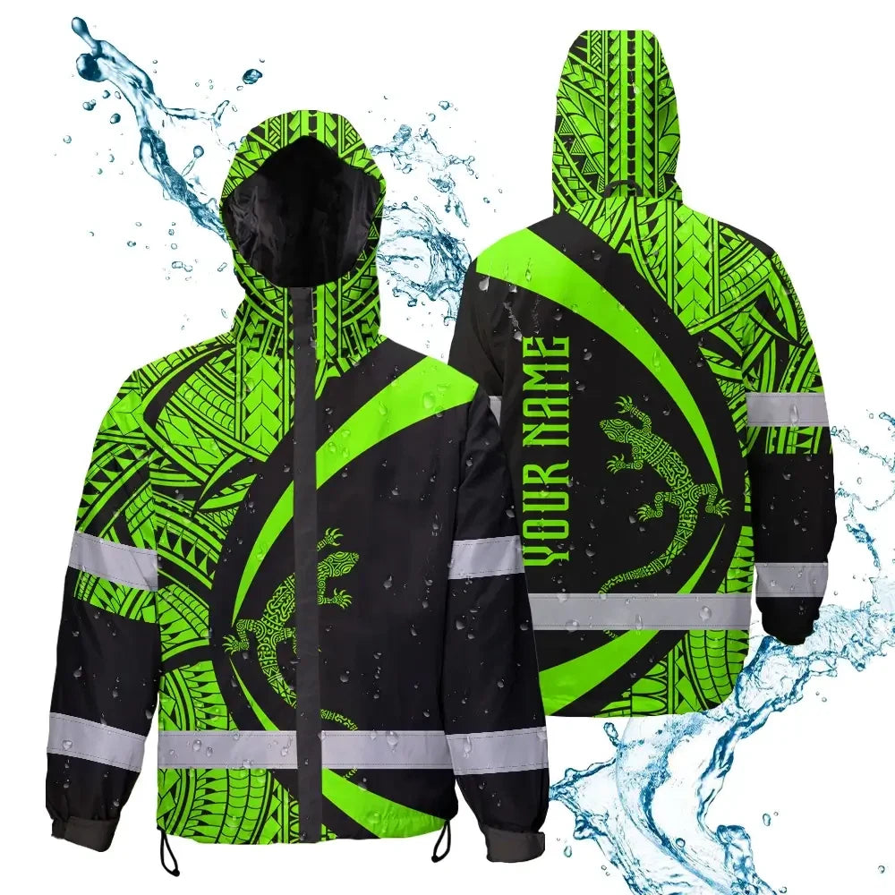 Hi Vis Jacket Waterproof Reflective Tapes Green Neon Hawaii Custom Name Safety Workwear For Workers, Truckers, Operators